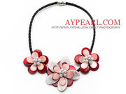 White Freshwater Pearl and Red Shell Flower Leather Necklace